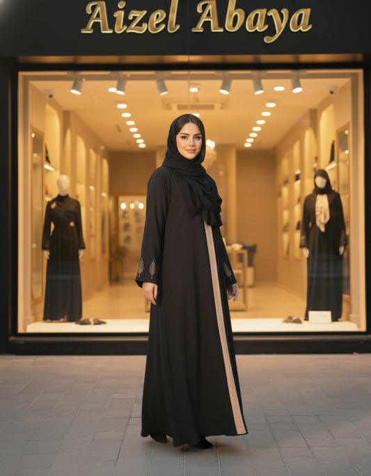 Elegant Black Abaya with Contrast Panel & Leaf Embroidered Sleeves