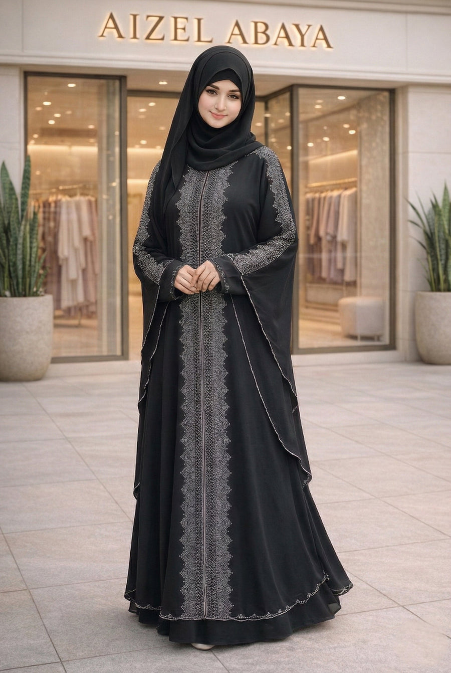 Woman wearing black and maroon front-open abaya with silver rhinestone panel and batwing sleeves - Aizel Abaya