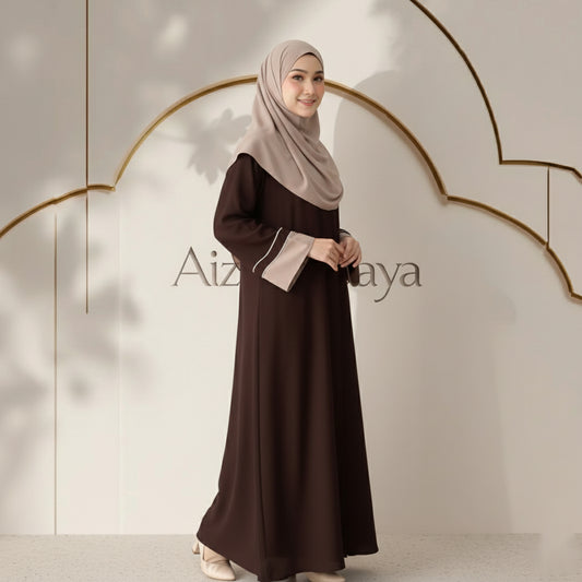 Brown Contrast Cuff Abaya with Matching Dupatta | Premium Firdous Fabric | Elegant Modest Wear – Aizel Abaya