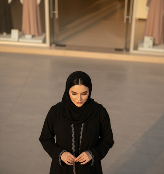 Black Front-Open Rhinestone Abaya | Premium Firdous Fabric | Elegant Evening Wear