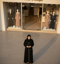 Black front-open rhinestone abaya detail close-up - Aizel Abaya