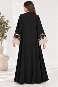 Black abaya for women with floral kangoora embroidered cuffs, plain black front, without dupatta