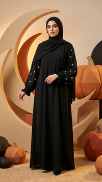 Floral Daisy Embroidery Ruffle Sleeve Abaya - Chocolate Brown