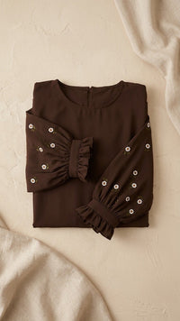 Floral Daisy Embroidery Ruffle Sleeve Abaya - Chocolate Brown