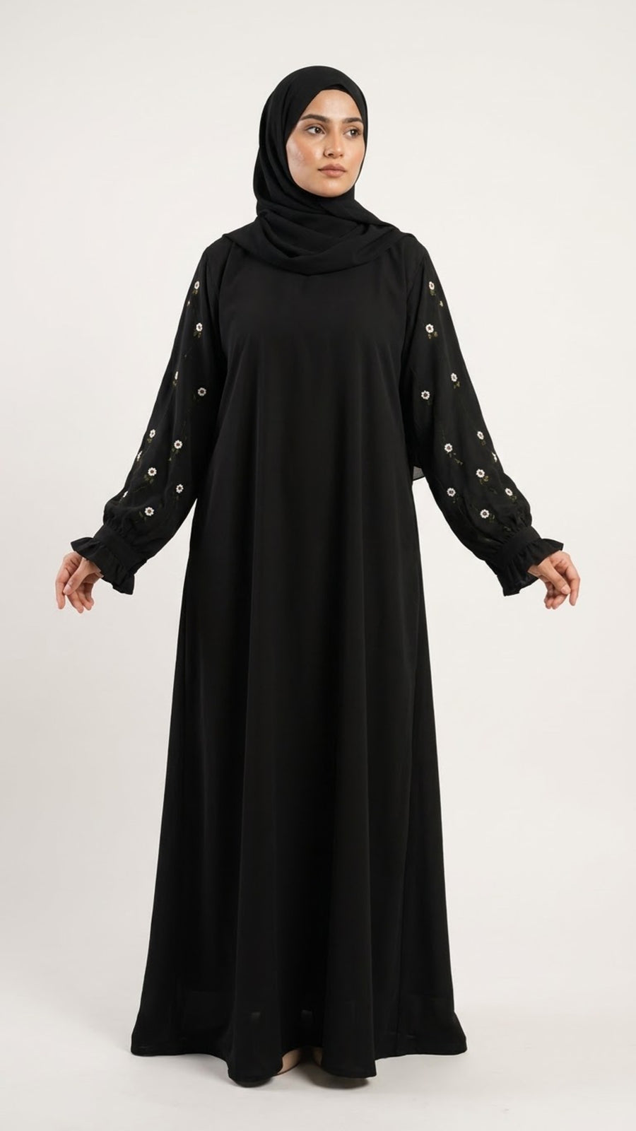 Floral Daisy Embroidery Ruffle Sleeve Abaya - Black