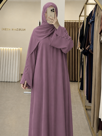 Mutton pink bell sleeve abaya worn view - Aizel Abaya