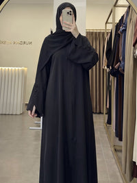 Navy bell sleeve abaya worn view - Aizel Abaya