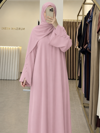 Pink bell sleeve abaya full-length view - Aizel Abaya