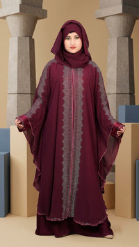 Black and maroon front-open abaya fabric and rhinestone detailing - Aizel Abaya