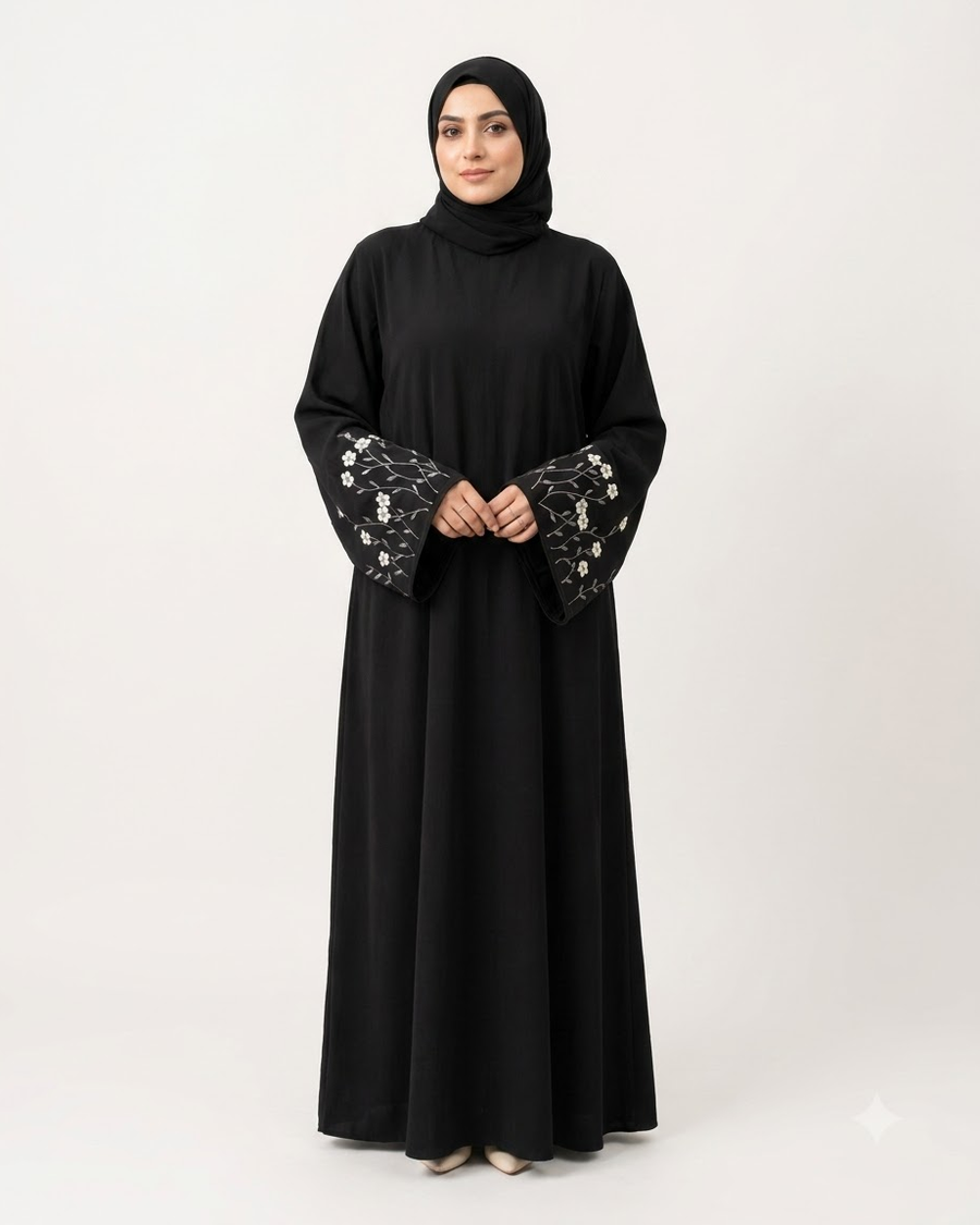 Black Firdous Abaya | White Floral Embroidered Wide Sleeves