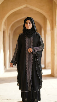 Black & Maroon Front Open Abaya | Rhinestone Batwing Sleeves | Farasha