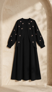 Black Firdous Abaya | Pink Floral Embroidery & Layered Front Panel