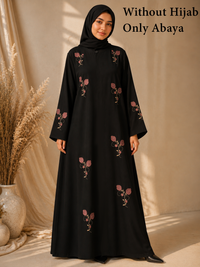 Black floral embroidered Firdous abaya front view - Aizel Abaya