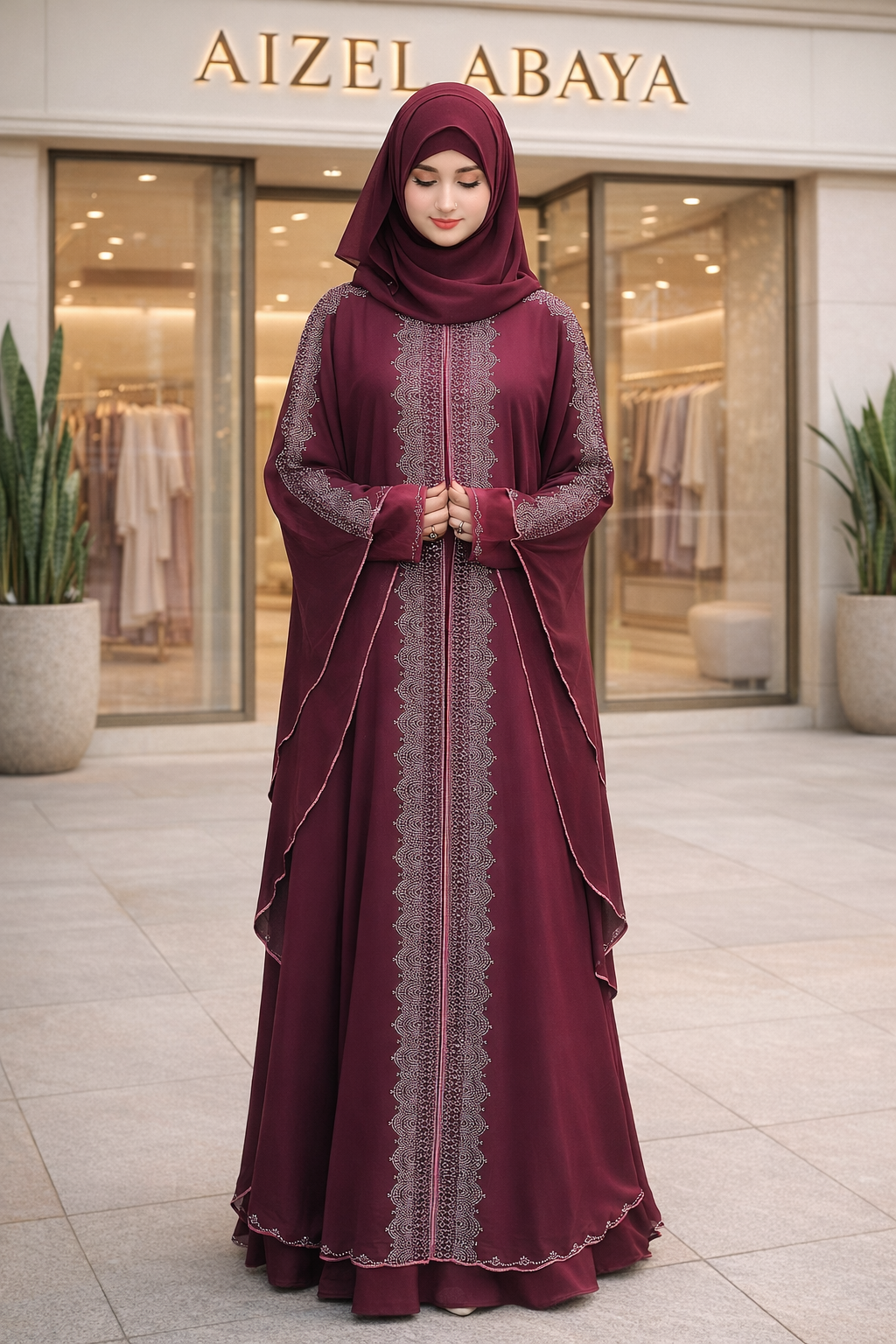 Black & Maroon Front-Open Flowing Abaya with Silver Rhinestone Panel & Batwing Sleeves – Elegant Modest Wear