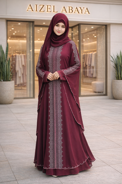 Black & Maroon Front-Open Flowing Abaya with Silver Rhinestone Panel & Batwing Sleeves – Elegant Modest Wear