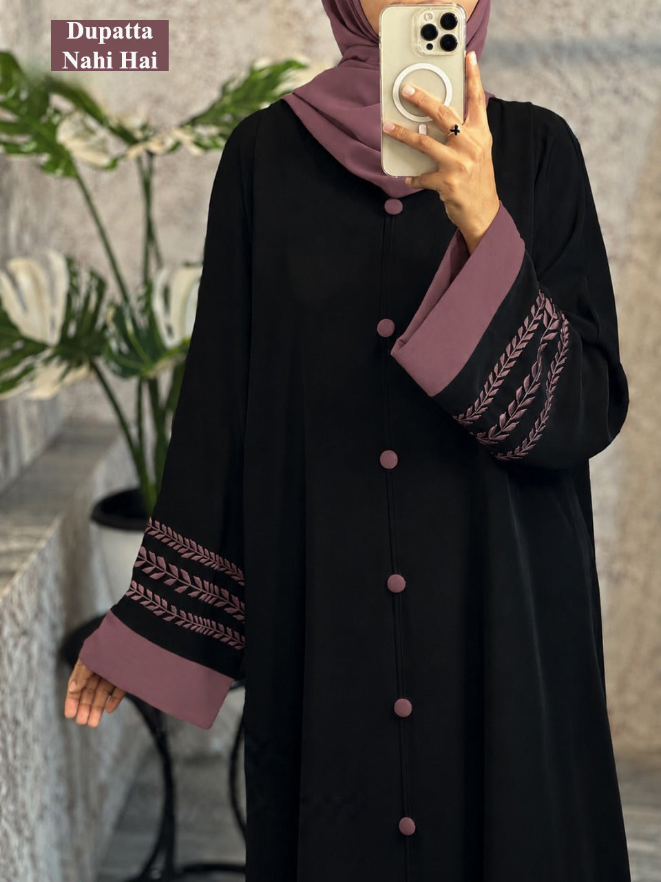 Black abaya with mauve embroidery and button front