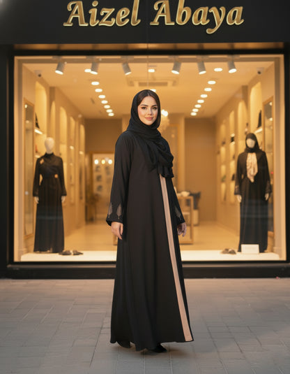 Elegant Black Abaya with Contrast Panel & Leaf Embroidered Sleeves