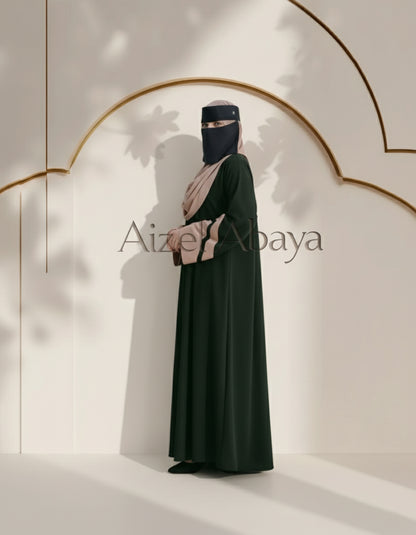 Elegant Emerald Abaya with Chic Two-Tone Sleeves