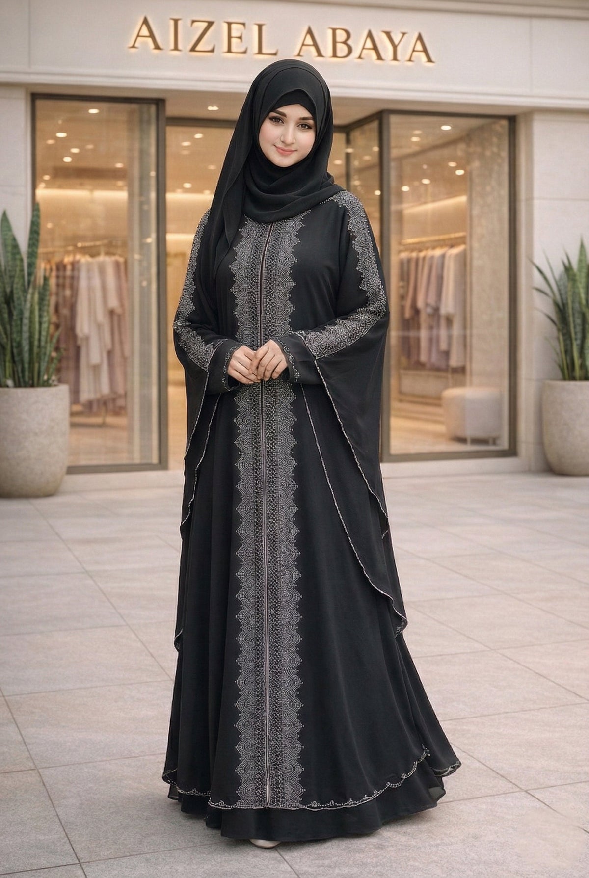 Woman wearing black and maroon front-open abaya with silver rhinestone panel and batwing sleeves - Aizel Abaya