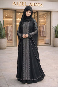 Woman wearing black and maroon front-open abaya with silver rhinestone panel and batwing sleeves - Aizel Abaya