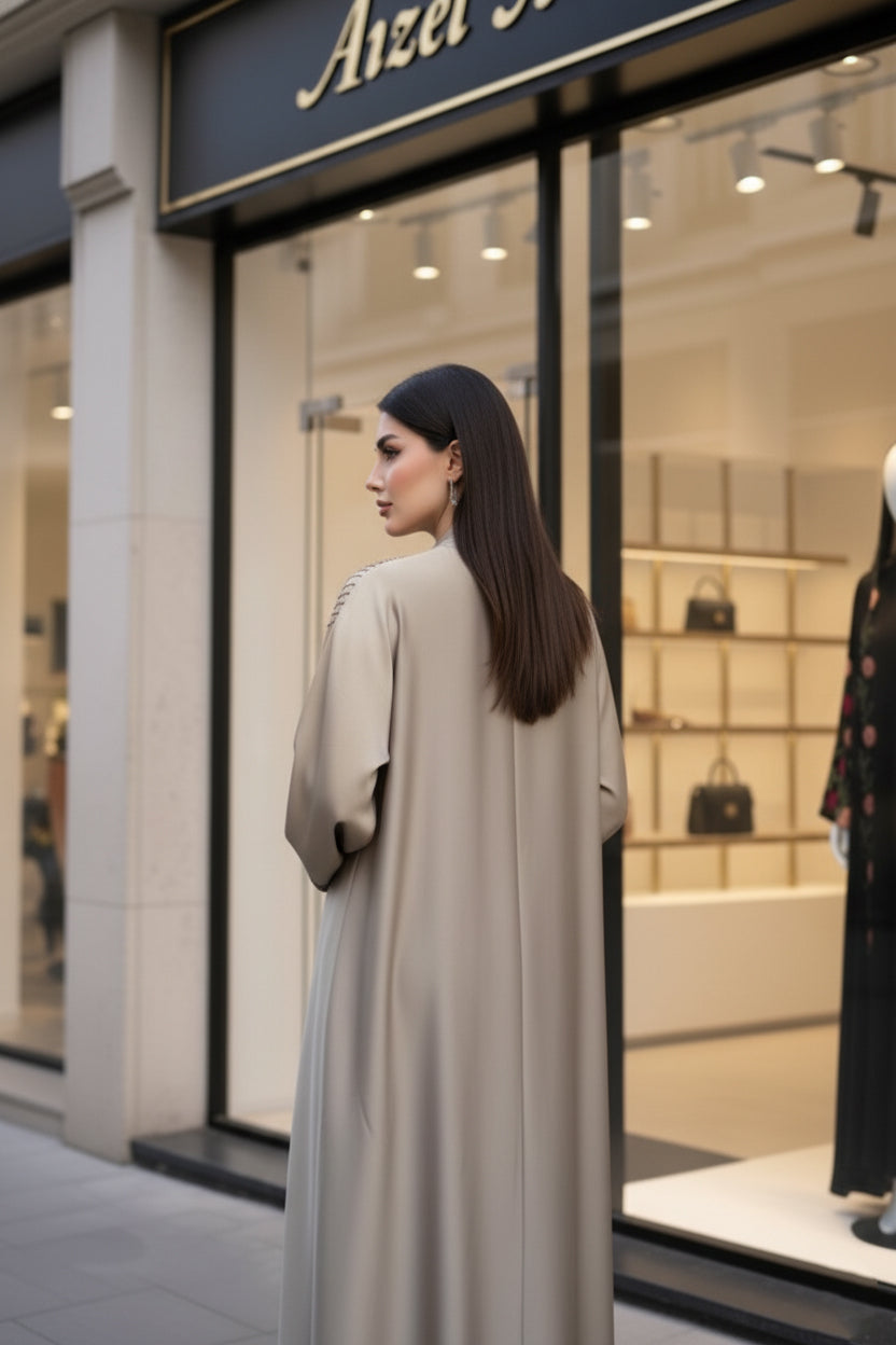 Elegant Taupe Embellished Abaya | Modest Luxury Abaya by Aizel Abaya