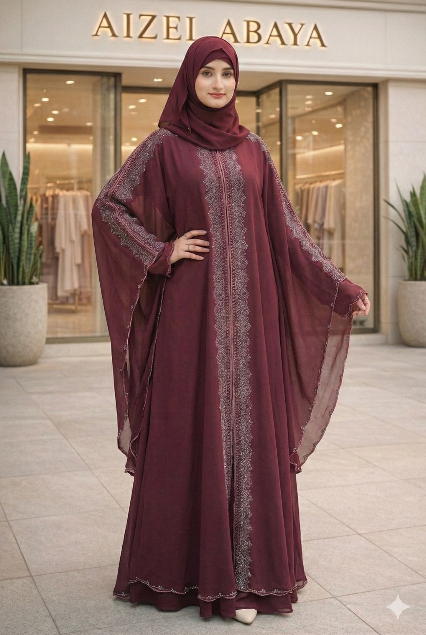 Black & Maroon Front-Open Flowing Abaya with Silver Rhinestone Panel & Batwing Sleeves – Elegant Modest Wear