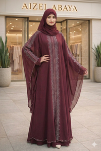 Black and maroon front-open abaya model view - Aizel Abaya