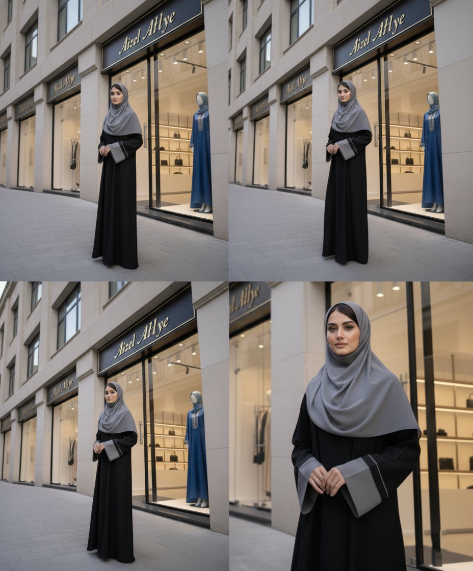 Elegant Black & Grey Two-Tone Abaya | Embellished Sleeve Abaya by Aizel Abaya