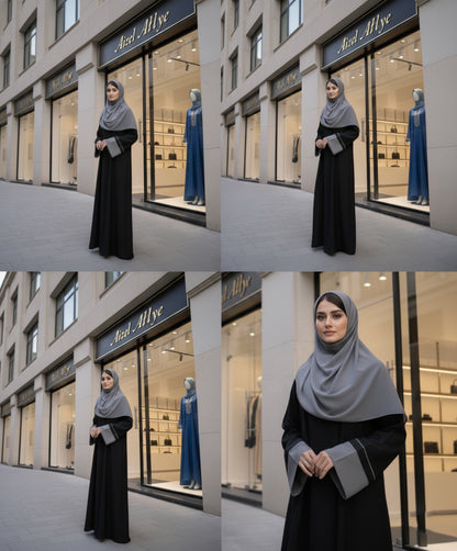 Elegant Black & Grey Two-Tone Abaya | Embellished Sleeve Abaya by Aizel Abaya