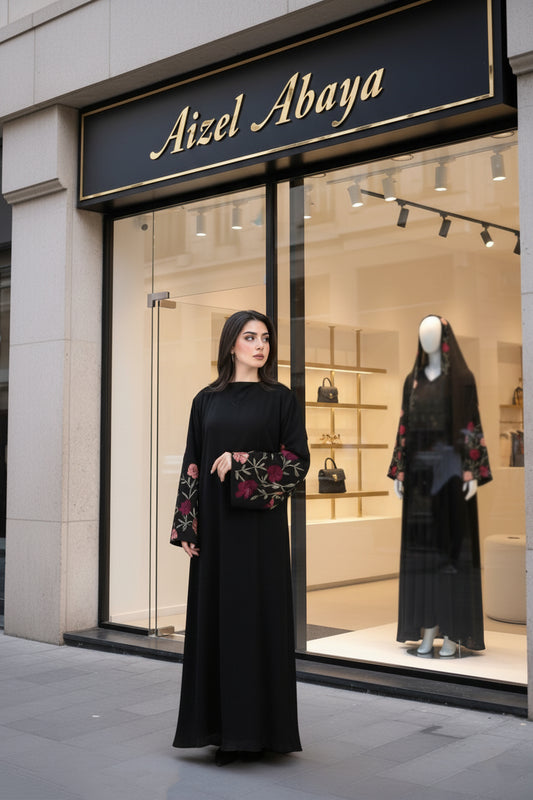 Aizel Abaya | Premium Black Floral Embroidered Abaya | Elegant Modest Fashion