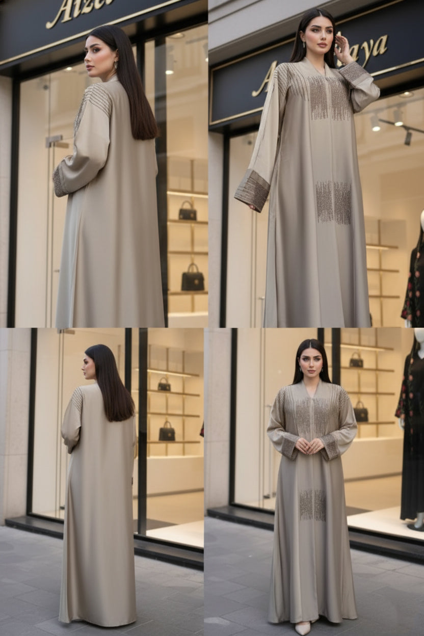 Elegant Taupe Embellished Abaya | Modest Luxury Abaya by Aizel Abaya