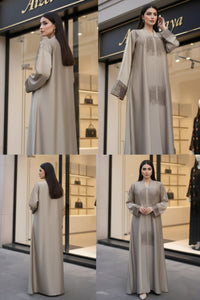 Model wearing taupe embellished abaya - Aizel Abaya