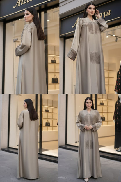 Elegant Taupe Embellished Abaya | Modest Luxury Abaya by Aizel Abaya