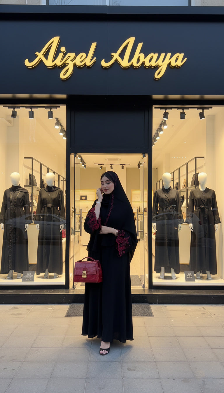 The Aizel Signature Abaya with Rich Crimson Embroidery