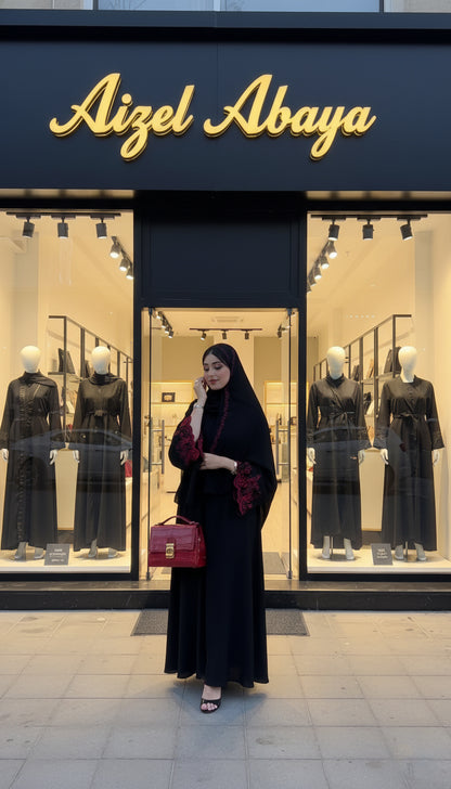 The Aizel Signature Abaya with Rich Crimson Embroidery