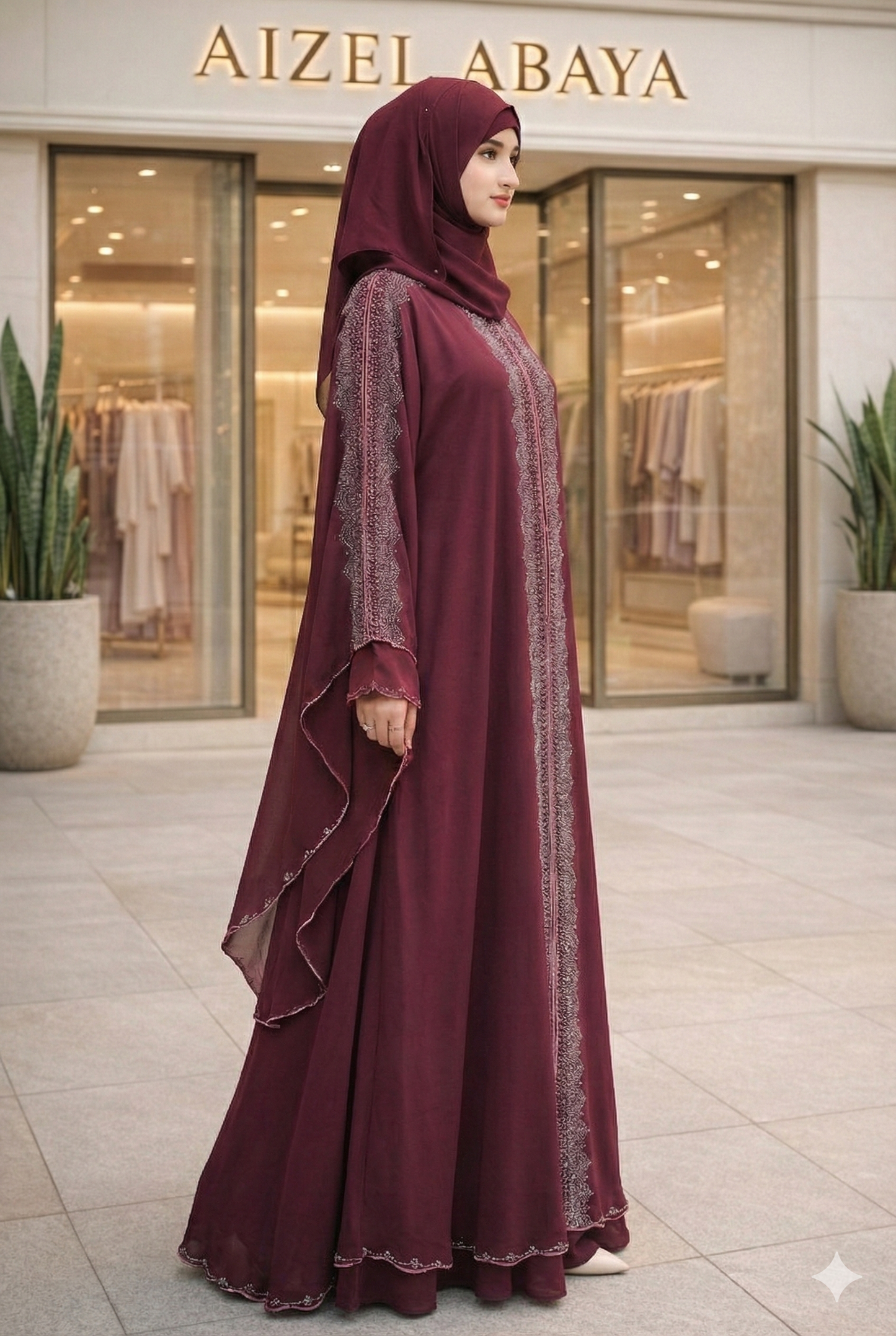 Black & Maroon Front-Open Flowing Abaya with Silver Rhinestone Panel & Batwing Sleeves – Elegant Modest Wear