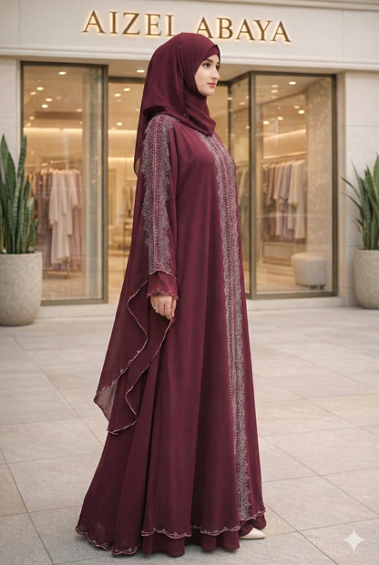 Black & Maroon Front-Open Flowing Abaya with Silver Rhinestone Panel & Batwing Sleeves – Elegant Modest Wear