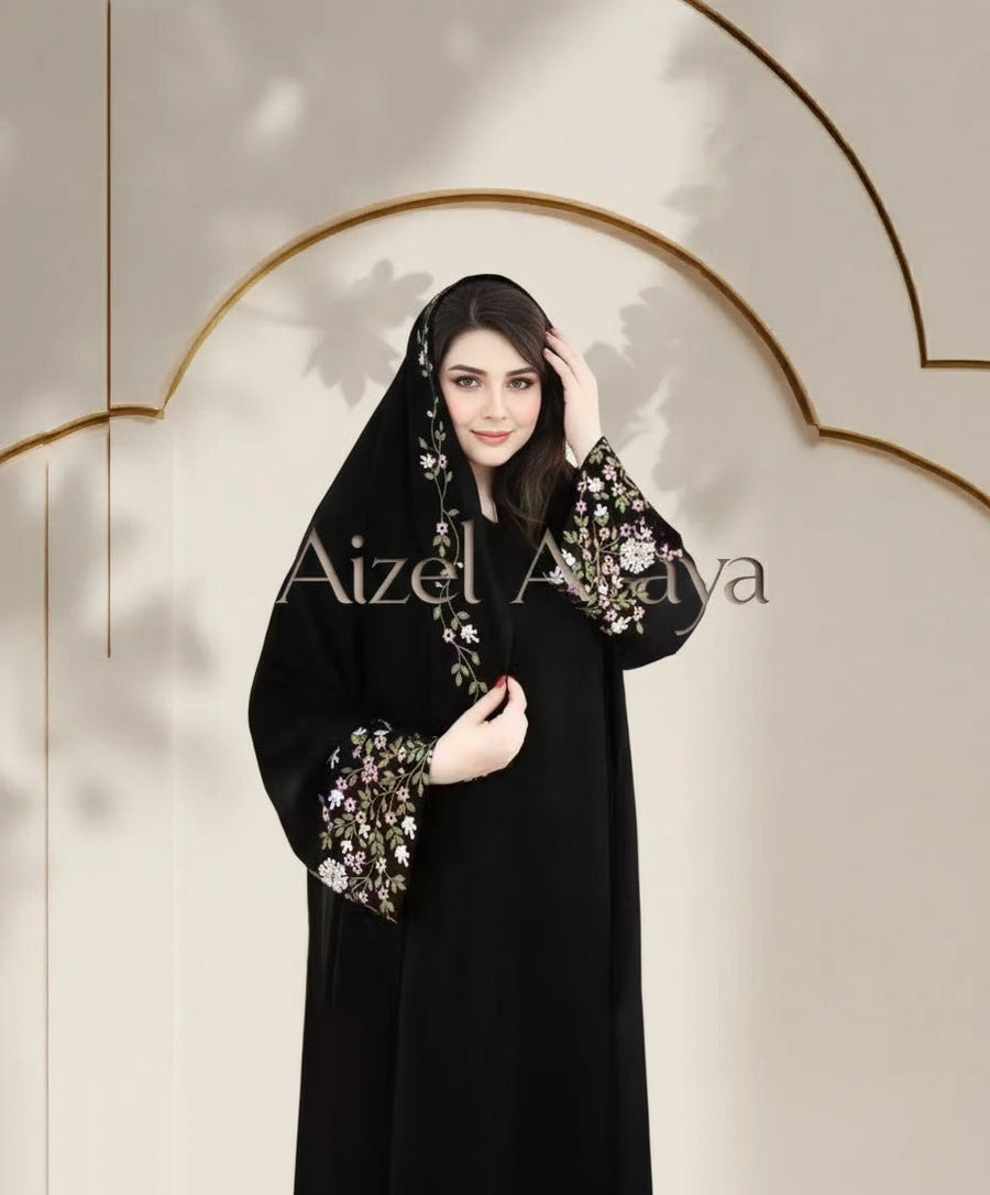 Floral hand embroidered black abaya with matching dupatta - Aizel Abaya
