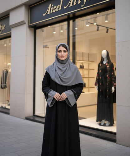 Elegant Black & Grey Two-Tone Abaya | Embellished Sleeve Abaya by Aizel Abaya