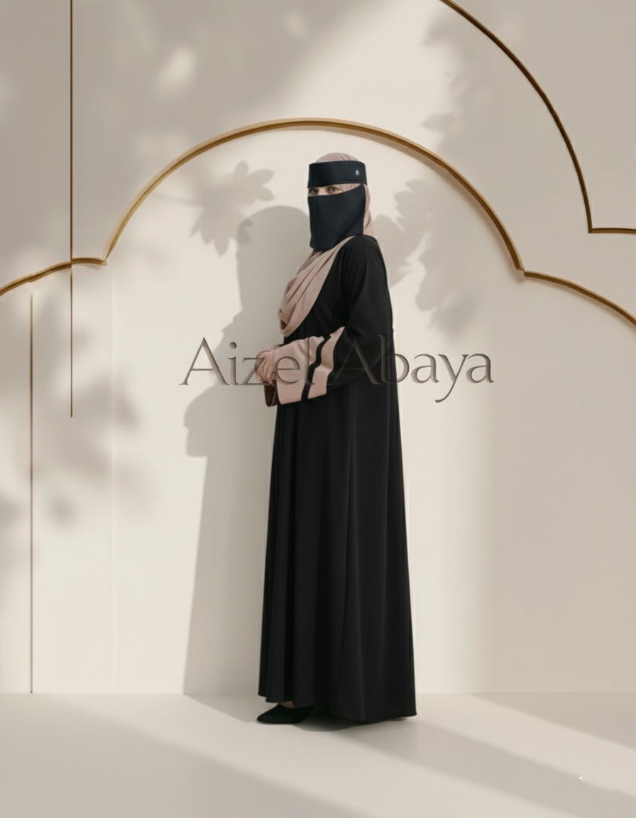 Elegant Emerald Black Abaya with Chic Two-Tone Sleeves