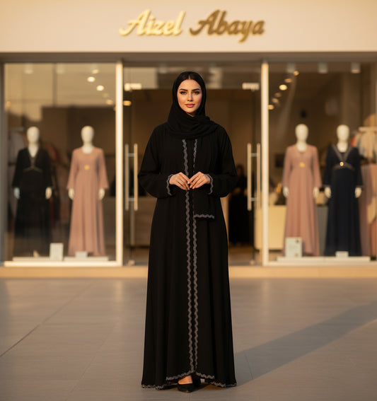 Black Front-Open Rhinestone Abaya | Premium Firdous Fabric | Elegant Evening Wear