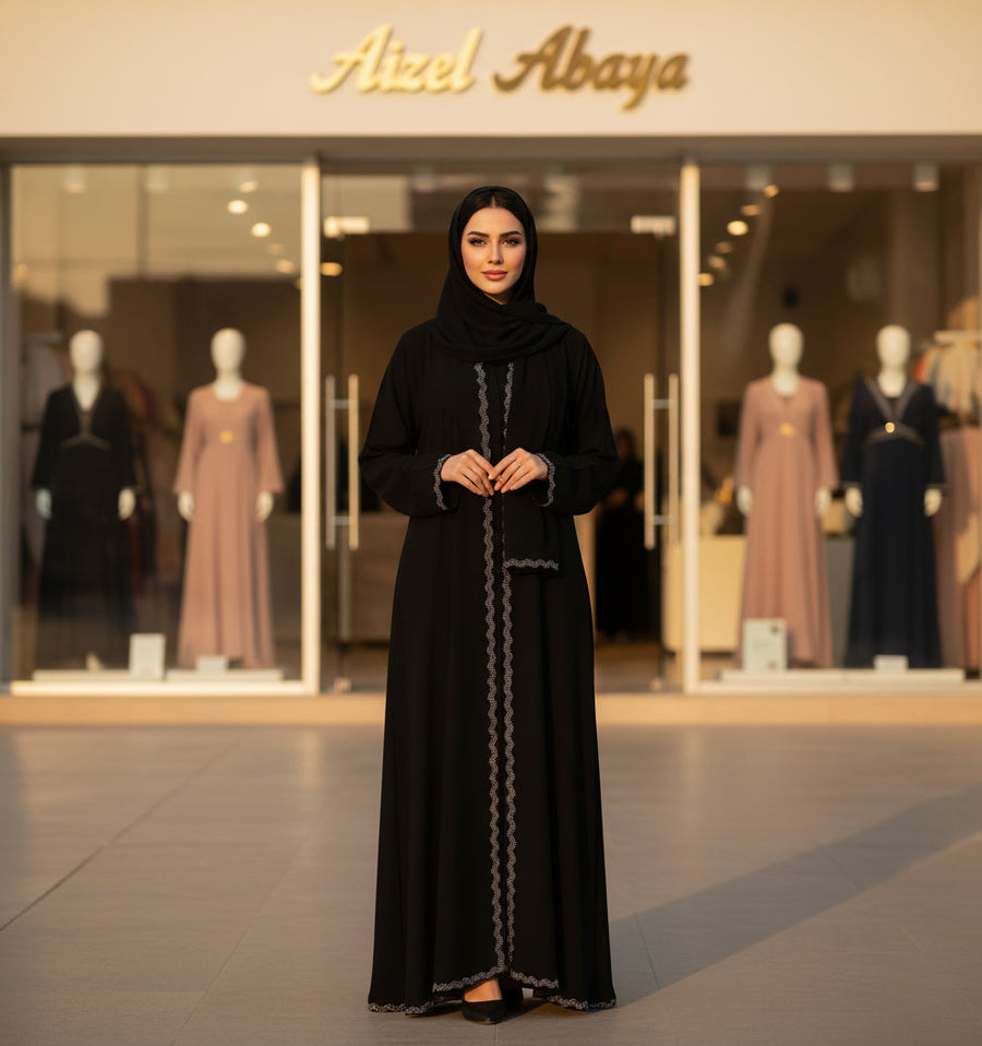 Black front-open rhinestone abaya in premium Firdous fabric - Aizel Abaya