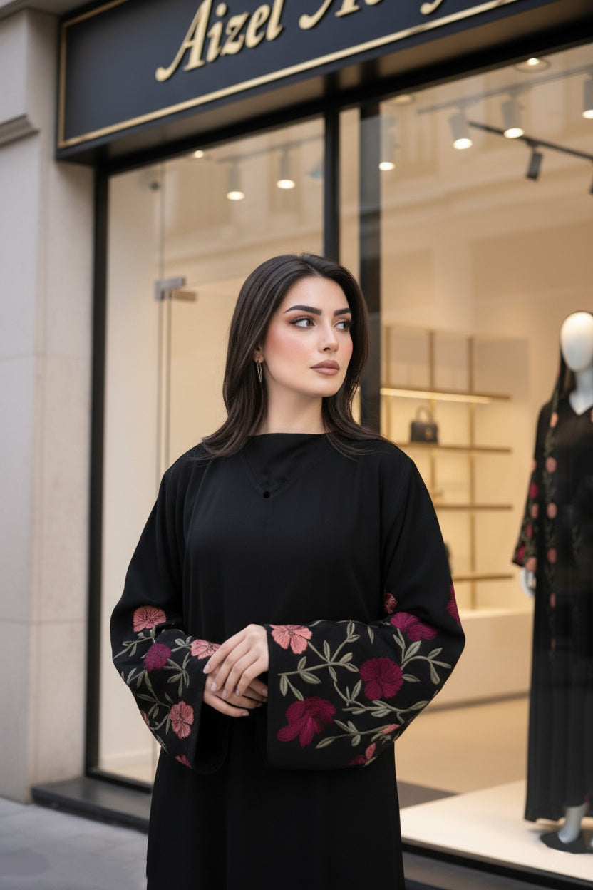 Aizel Abaya | Premium Black Floral Embroidered Abaya | Elegant Modest Fashion