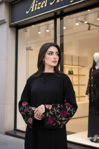 Aizel Abaya | Premium Black Floral Embroidered Abaya | Elegant Modest Fashion