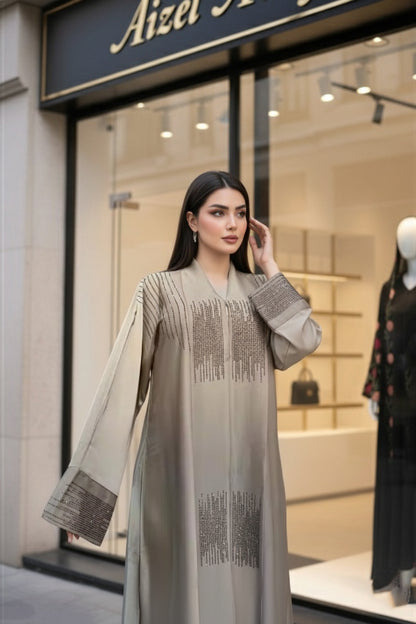 Elegant Taupe Embellished Abaya | Modest Luxury Abaya by Aizel Abaya
