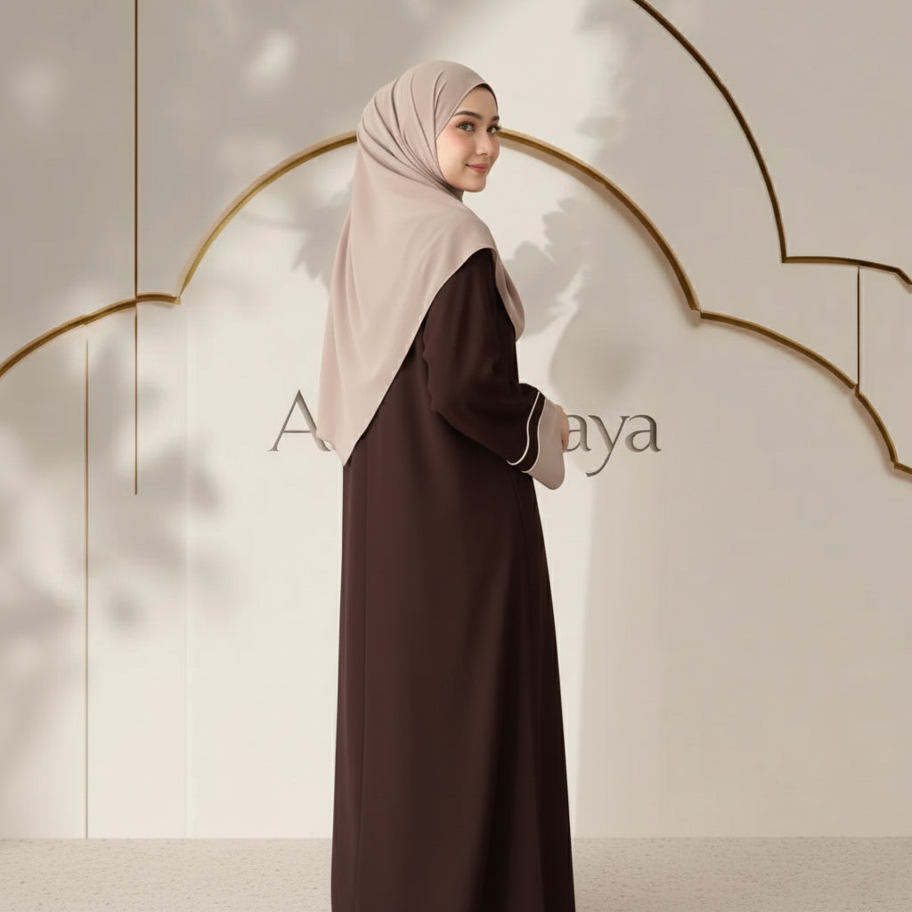 Brown Contrast Cuff Abaya with Matching Dupatta | Premium Firdous Fabric | Elegant Modest Wear – Aizel Abaya