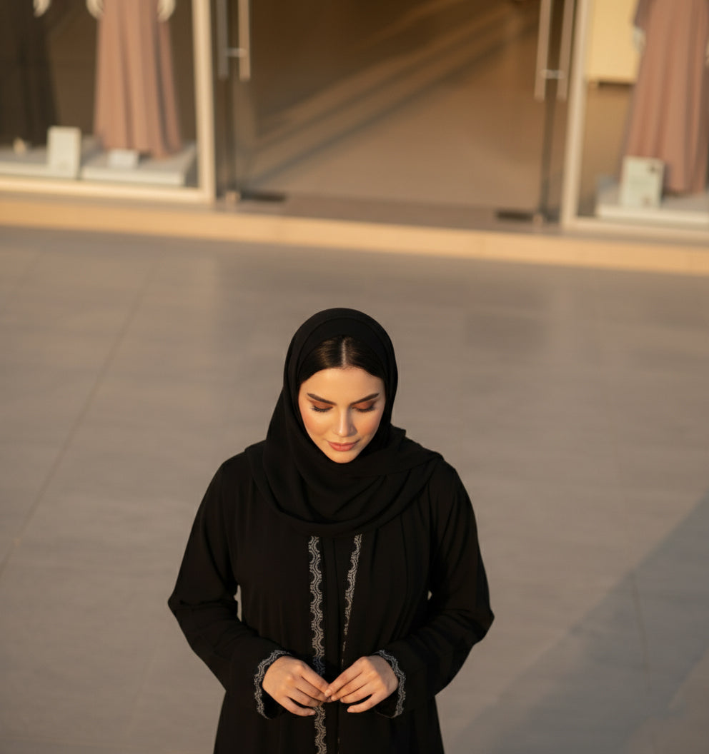 Black Front-Open Rhinestone Abaya | Premium Firdous Fabric | Elegant Evening Wear