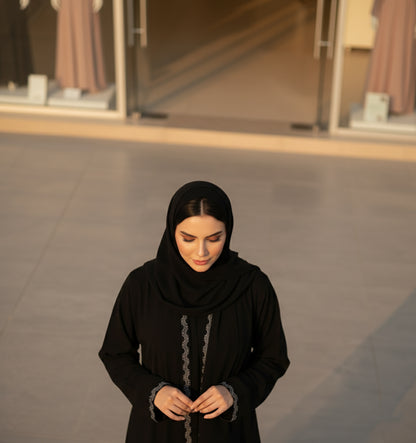 Black Front-Open Rhinestone Abaya | Premium Firdous Fabric | Elegant Evening Wear