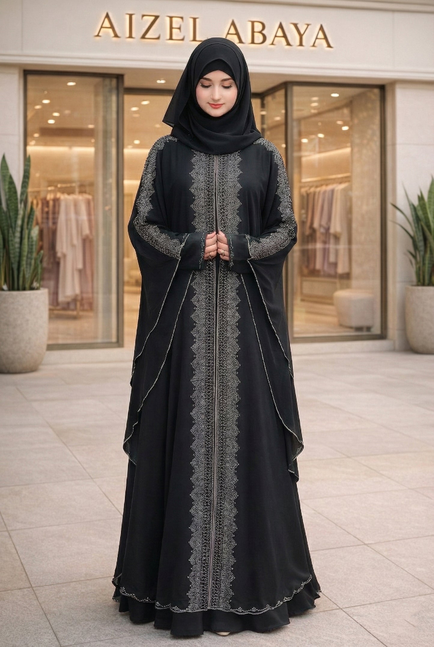 Black & Maroon Front-Open Flowing Abaya with Silver Rhinestone Panel & Batwing Sleeves – Elegant Modest Wear