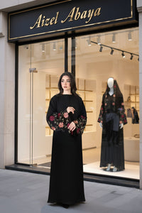 Premium black floral embroidered abaya close-up detail - Aizel Abaya